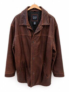Vintage GAP Leather Jacket Men’s Large Brown Long Coat Y2K 90s Quilted Lined EUC